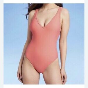 Kona Sol Pink One Piece Swimsuit V-Neck Wide Straps